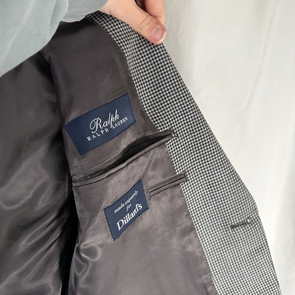 Ralph Lauren Silk Wool Blend Blazer Men's 42L Grey Houndstooth 2 Button Front - Picture 5 of 10